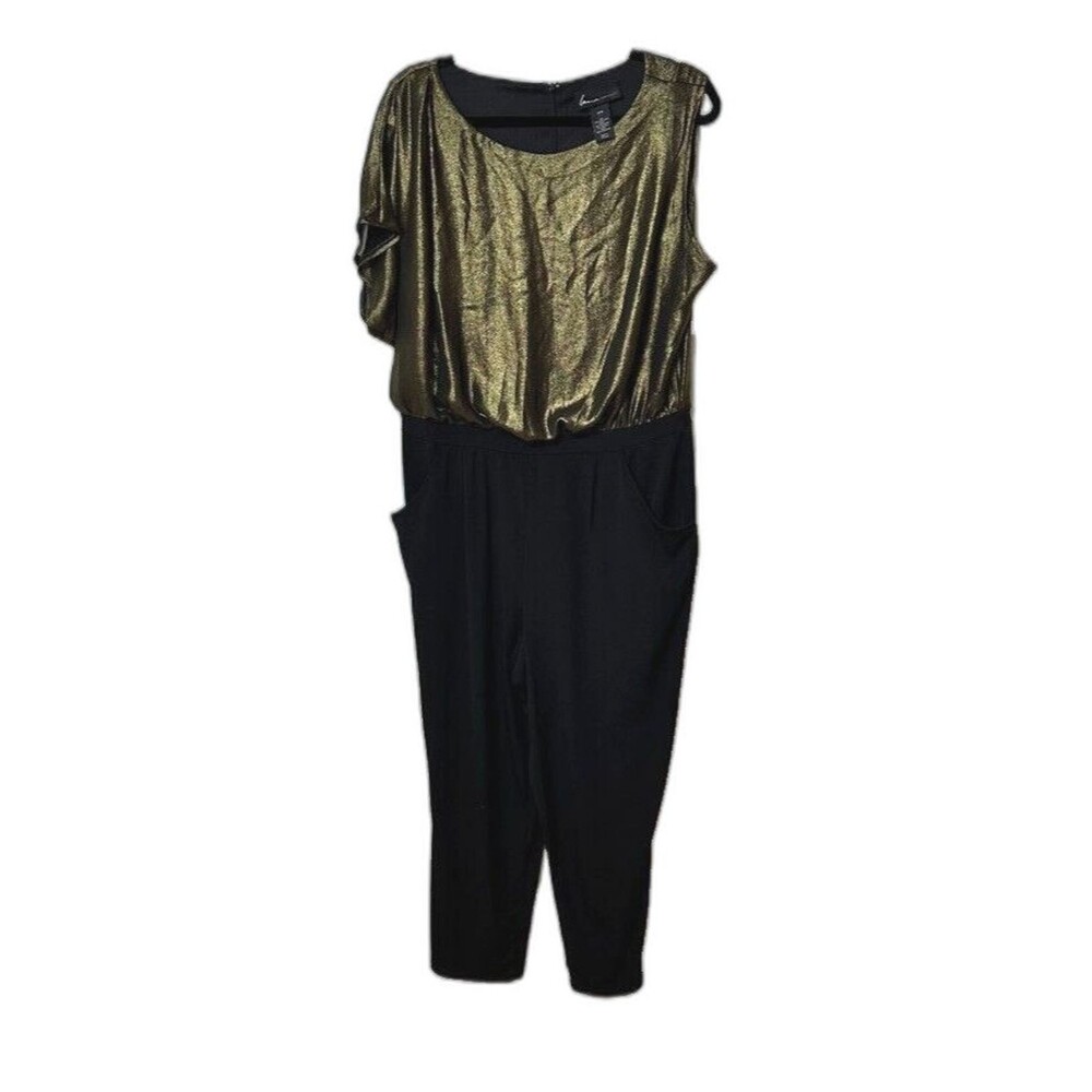 Lane Bryant 14 16 Womens Pantsuit Gold Metallic Top Black Stretch Short Sleeves